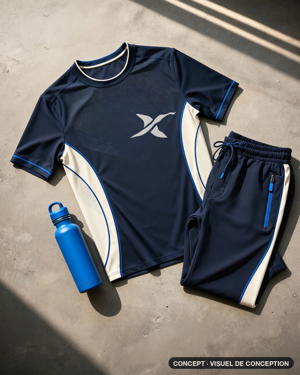 Le t-shirt et le short adulte Aero, coloris Bluewater, à plat et vus de dessus. Visuel de conception.