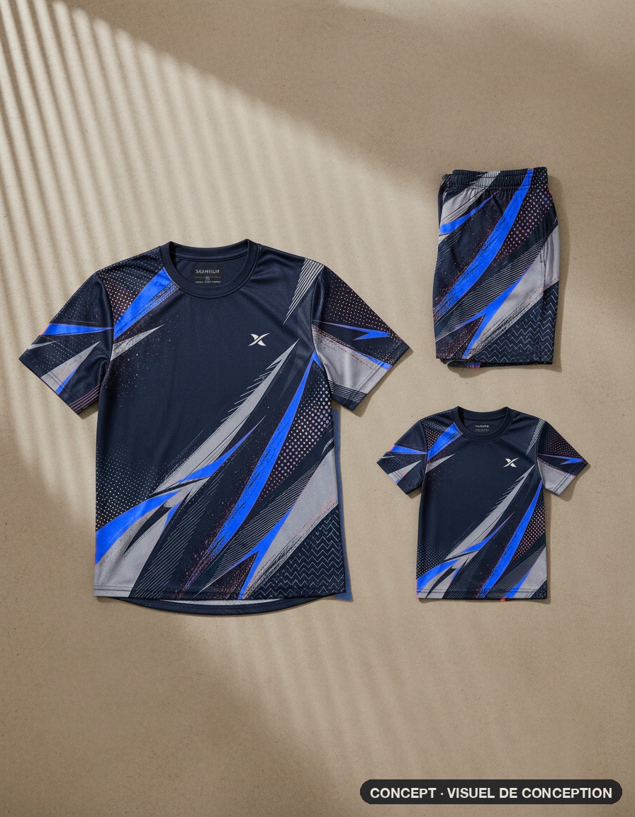T-shirt adulte, short adulte et t-shirt enfant XMARLIN, coloris Bluewater, dans la même coupe, posés à plat. Visuel de conception.